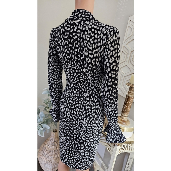 Michael Kors Black Metallic Silver Cheetah Print Bell Sleeve Sheath Dress - Picture 4 of 9